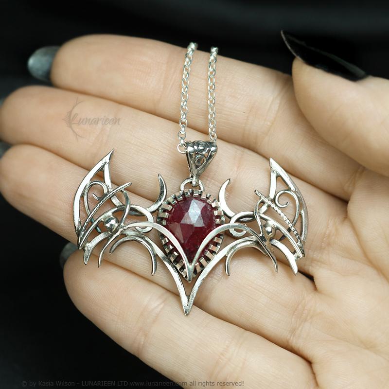 Sterling Silver Vampire Bat Gothic necklace with Ruby Pendant alternative artisan jewellery unique gift fantasy witchy jewelry for vamp