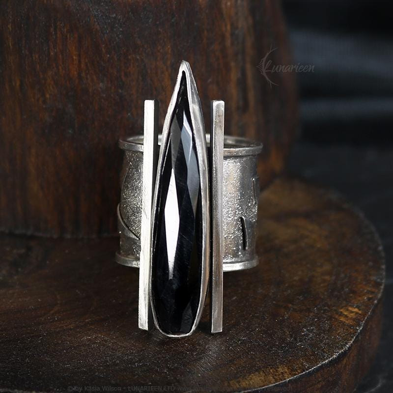 Handcrafted Brutalist Ring Textured Modern Black Onyx Artisan Jewelry Oxidized Sterling Silver Gothic Witchy Trendy Unique Statement Ring