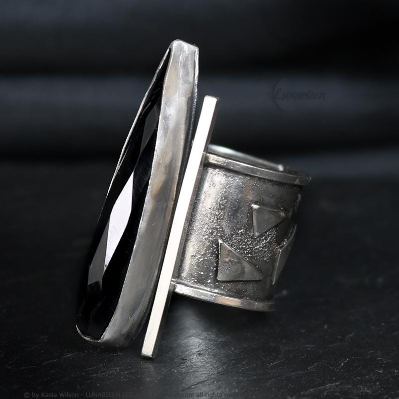 Handcrafted Brutalist Ring Textured Modern Black Onyx Artisan Jewelry Oxidized Sterling Silver Gothic Witchy Trendy Unique Statement Ring