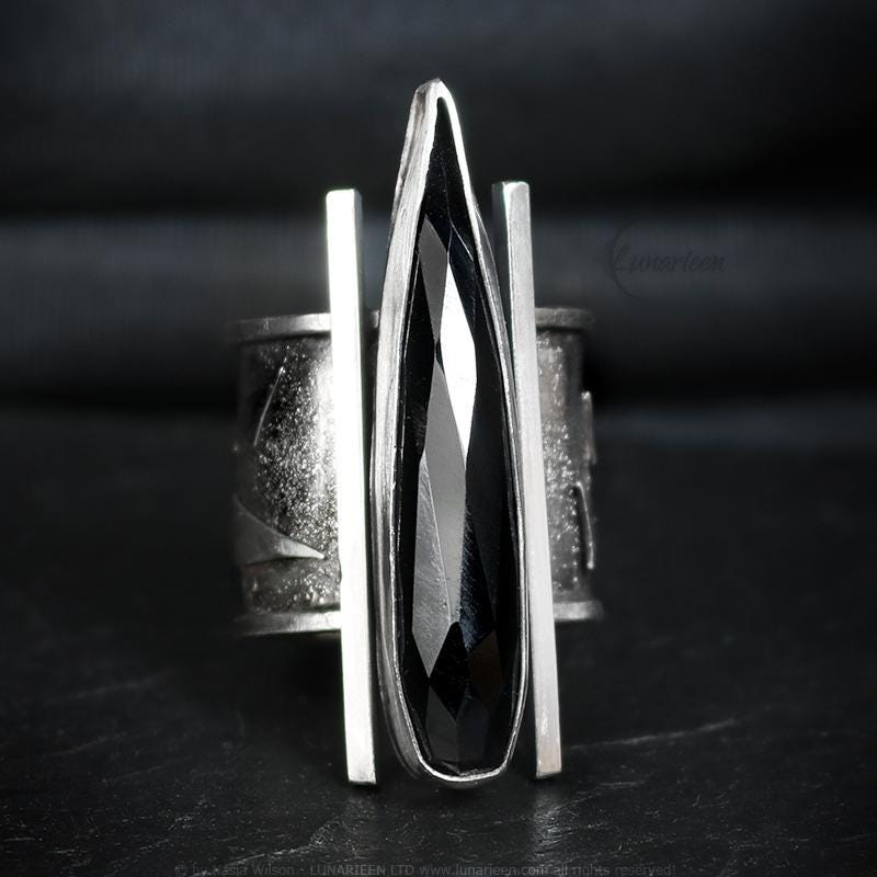 Handcrafted Brutalist Ring Textured Modern Black Onyx Artisan Jewelry Oxidized Sterling Silver Gothic Hammered Trendy Unique Statement Ring