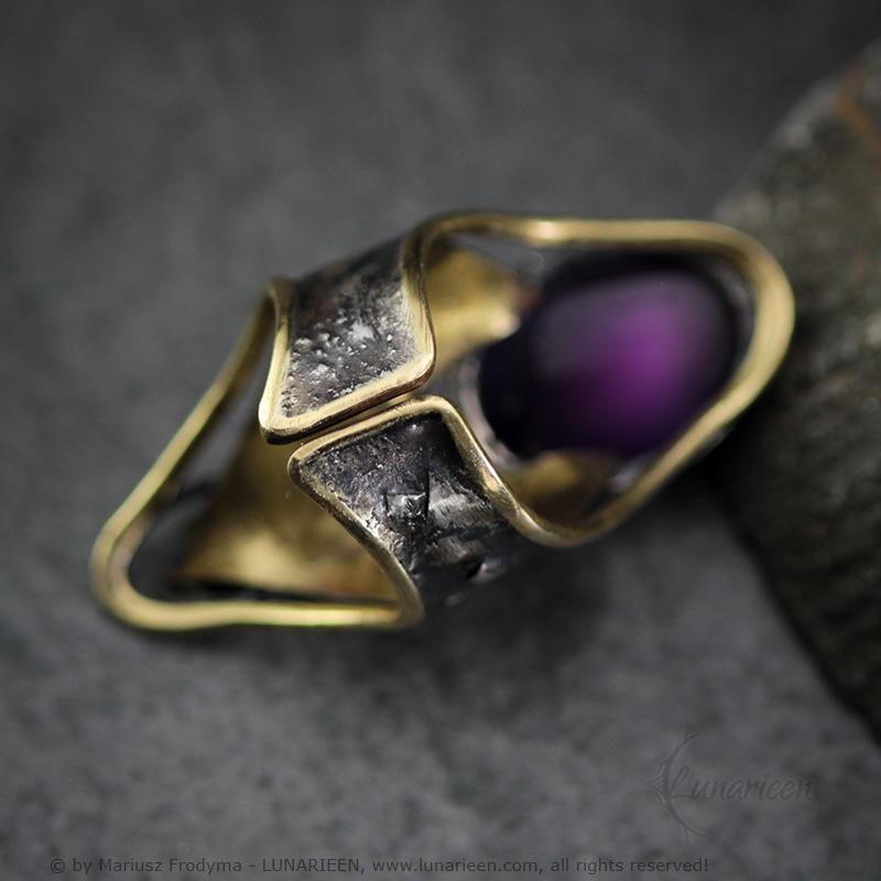 Handcrafted Rustic Brutalist Artisan Textured Purple Amethyst Oxidized Silver Brass Antique Gothic Hammered Trendy Jewelry Unique Ring