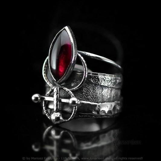 Handcrafted Sterling Silver Ring with Garnet Artisan Textured Modern Jewelry Gothic Witchy Hammered Trendy Unique Statement Ring