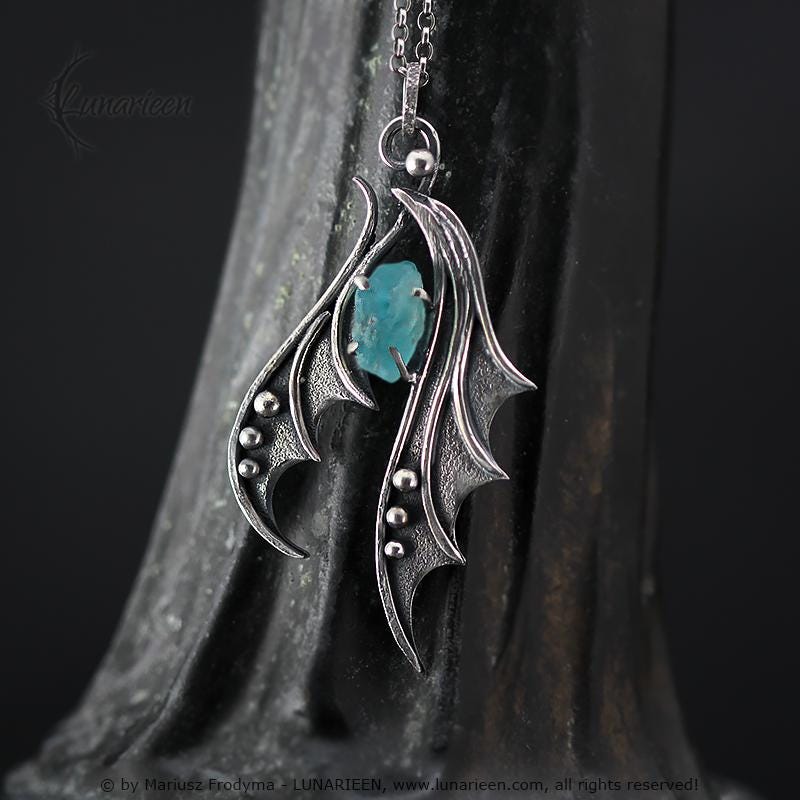 Handcrafted Sterling Silver Dragon Wings Pendant: Raw Apatite Gothic Necklace