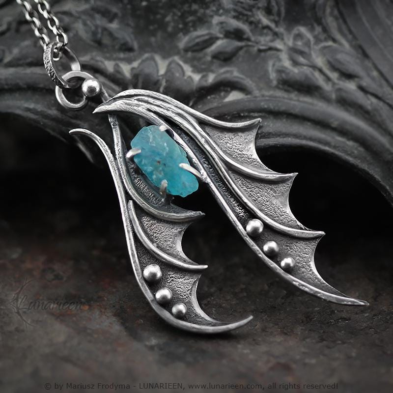 Handcrafted Sterling Silver Dragon Wings Pendant: Raw Apatite Gothic Necklace