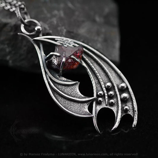 Handcrafted Ornate Textured Sterling Silver Gothic Fantasy Dragon Wings Pendant Necklace Rough Red Garnet Oxidized Fancy Shape Unique Gift