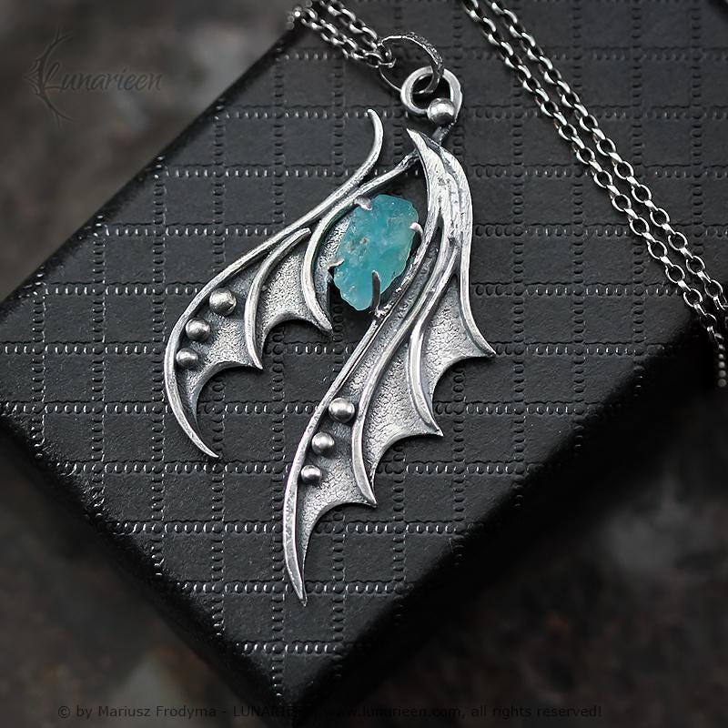 Handcrafted Sterling Silver Dragon Wings Pendant: Raw Apatite Gothic Necklace