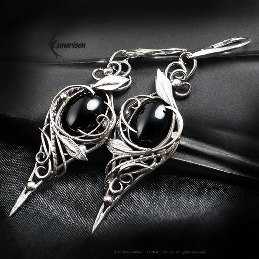 Sterling Silver Black Onyx floral earrings elven fantasy artisan alternative gothic witchy jewellery vampire style jewelry for goth