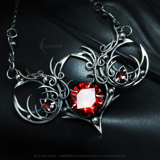 Sterling Silver Garnet gothic alternative triple moon pagan necklace goth witchy jewelry Elven unique pendant fantasy vampire fashion gift
