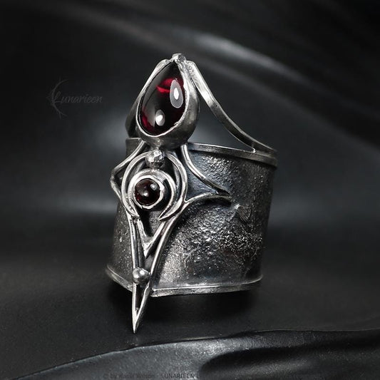 Handcrafted Brutalist Ring Textured Modern Garnet Artisan Jewelry Oxidized Sterling Silver Gothic Witchy Trendy Unique Statement Ring