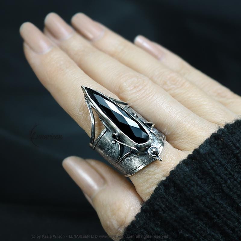 Handcrafted Brutalist Ring Textured Modern Black Onyx Artisan Jewelry Oxidized Sterling Silver Gothic Witchy Trendy Unique Statement Ring