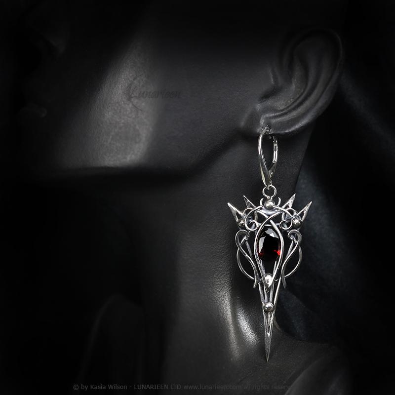 Sterling Silver Garnet earrings, elven fantasy artisan earrings, alternative gothic witchy jewellery, vampire style, jewelry for goth
