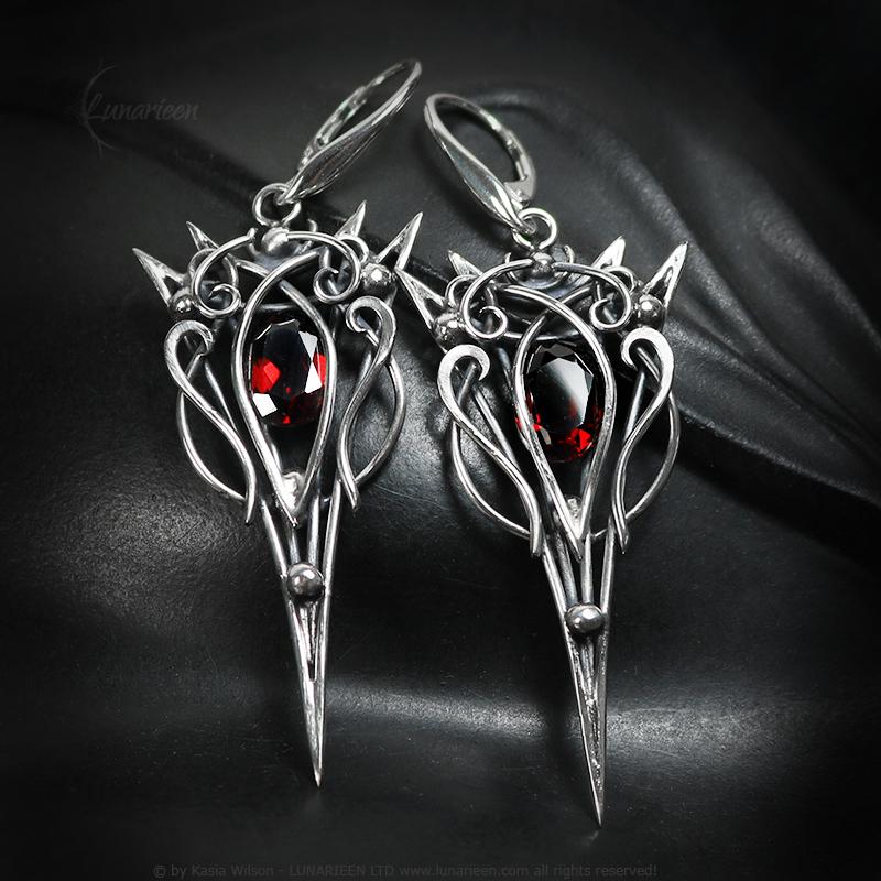 Sterling Silver Garnet earrings, elven fantasy artisan earrings, alternative gothic witchy jewellery, vampire style, jewelry for goth