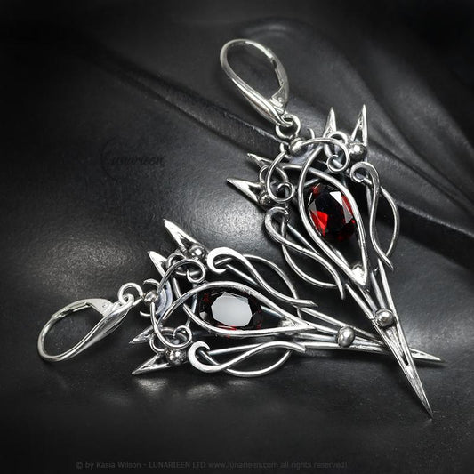 Sterling Silver Garnet earrings, elven fantasy artisan earrings, alternative gothic witchy jewellery, vampire style, jewelry for goth