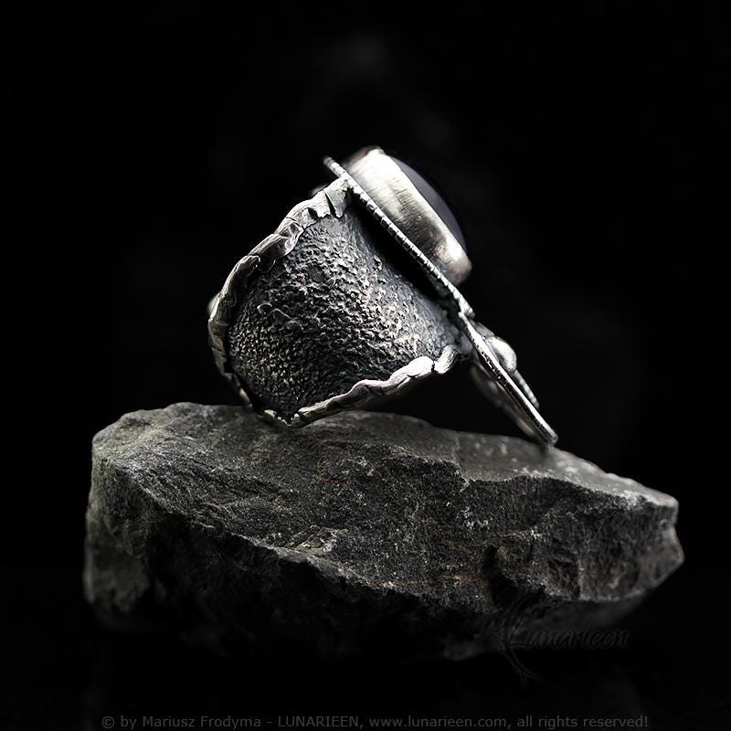 Handcrafted Sterling Silver Ring with Amethyst Artisan Textured Modern Jewelry Gothic Witchy Hammered Trendy Unique Statement Ring