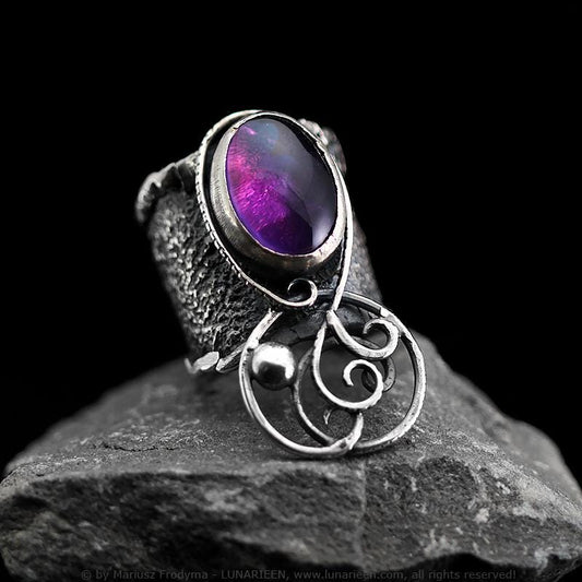 Handcrafted Sterling Silver Ring with Amethyst Artisan Textured Modern Jewelry Gothic Witchy Hammered Trendy Unique Statement Ring