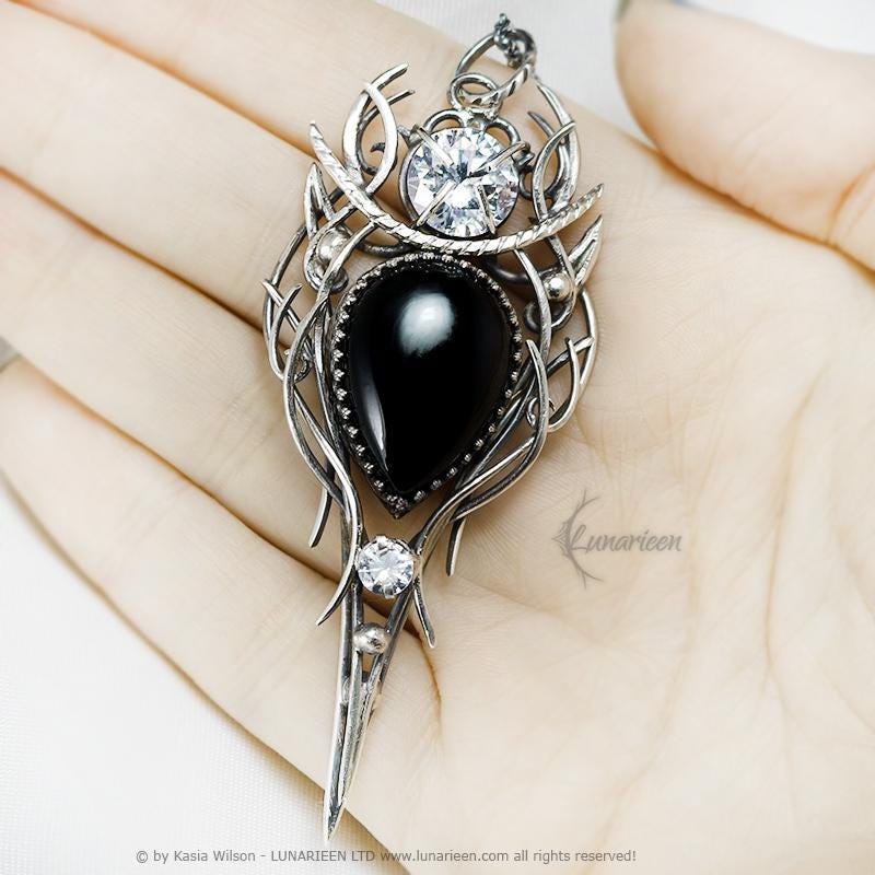 Sterling Silver Black Onyx Necklace, Gothic Pagan Pendant, Witchy jewelry, Gothic style talisman,