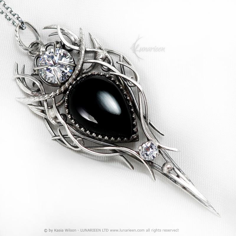 Sterling Silver Black Onyx Necklace, Gothic Pagan Pendant, Witchy jewelry, Gothic style talisman,