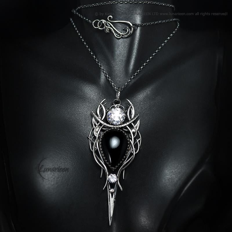 Sterling Silver Black Onyx Necklace, Gothic Pagan Pendant, Witchy jewelry, Gothic style talisman,