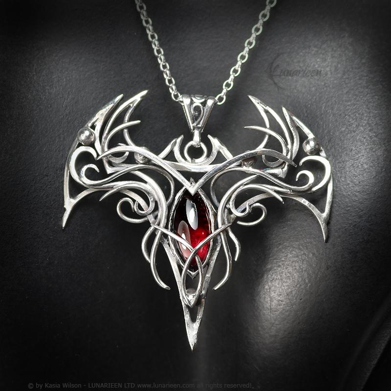 Sterling Silver Vampire Bat Necklace: Gothic Red Garnet Pendant
