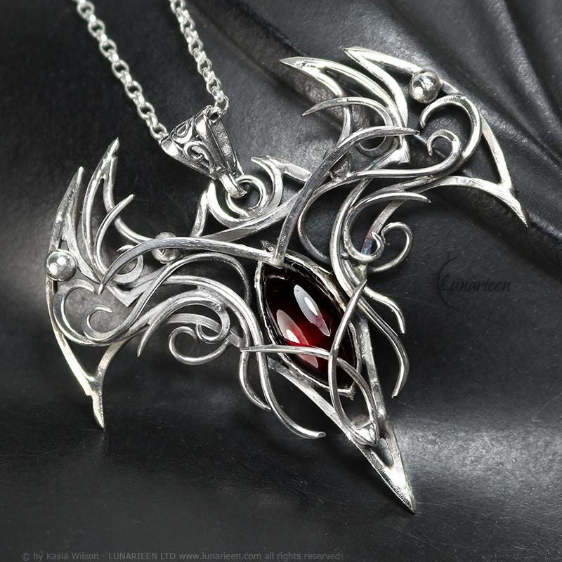 Sterling Silver Vampire Bat Necklace: Gothic Red Garnet Pendant
