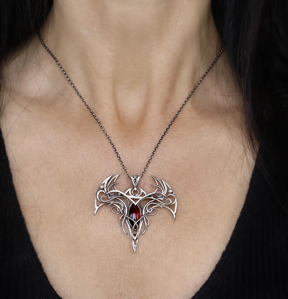 Sterling Silver Vampire Bat Necklace: Gothic Red Garnet Pendant