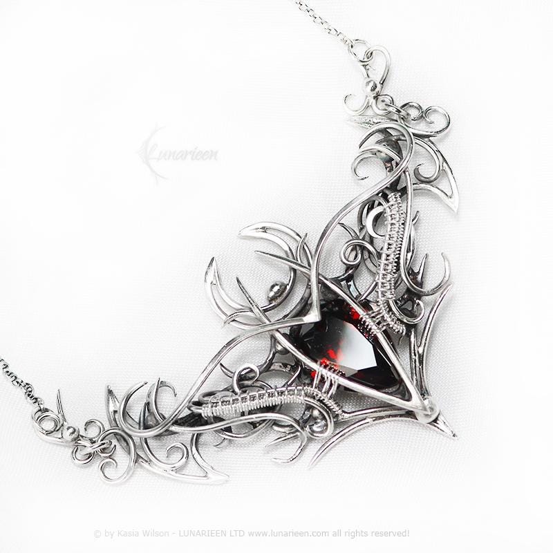 Sterling Silver Necklace, Elven Gothic Pendant, Garnet Jewellery, Alternative Jewelry, Witchy Vampire Silver Choker
