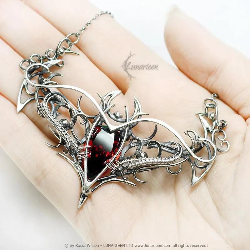 Sterling Silver Necklace, Elven Gothic Pendant, Garnet Jewellery, Alternative Jewelry, Witchy Vampire Silver Choker