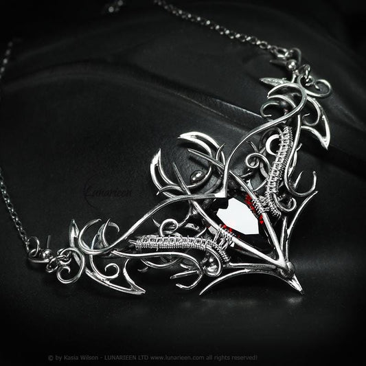 Sterling Silver Necklace, Elven Gothic Pendant, Garnet Jewellery, Alternative Jewelry, Witchy Vampire Silver Choker