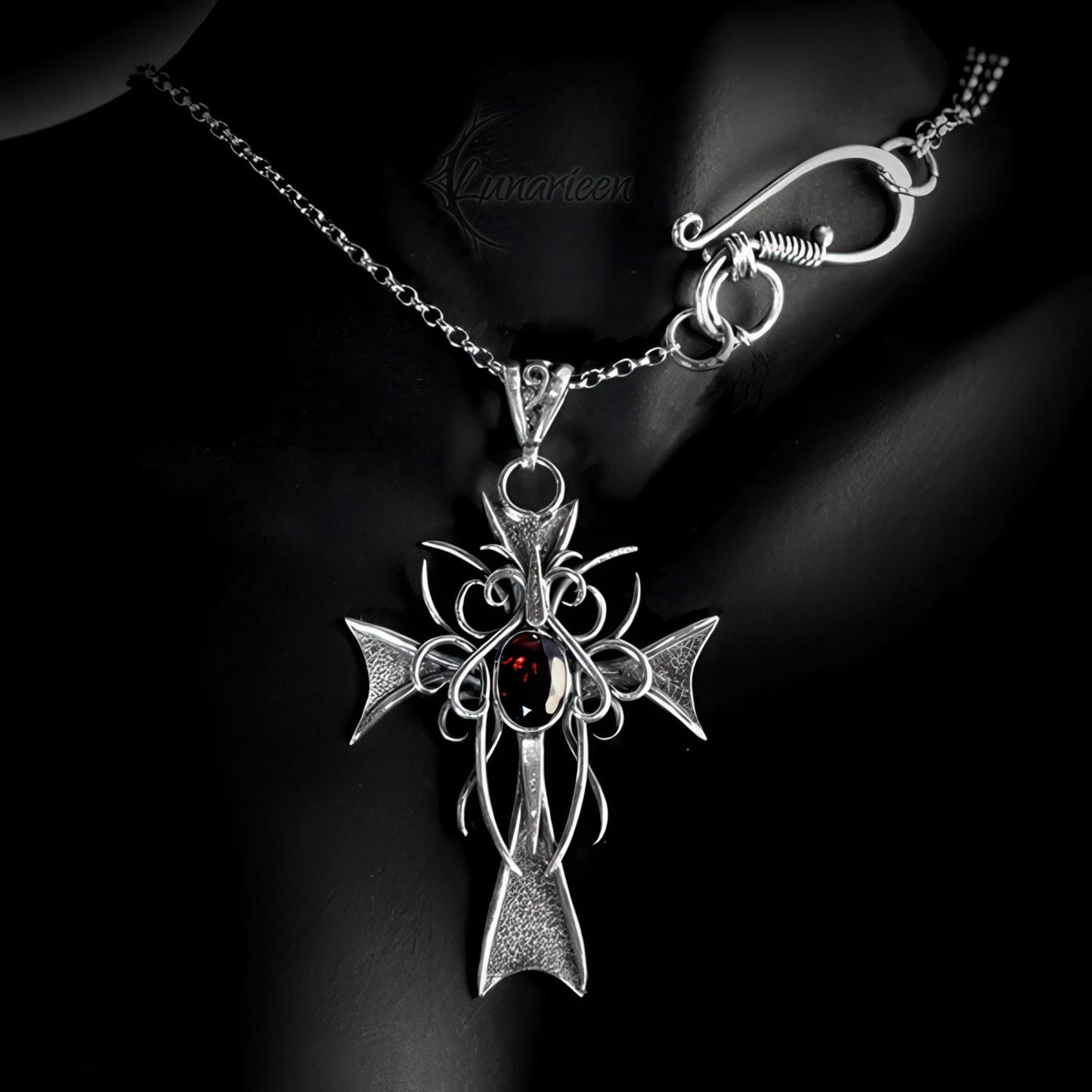 Handmade Sterling Silver Gothic Cross Necklace: Garnet Filigree Pendant