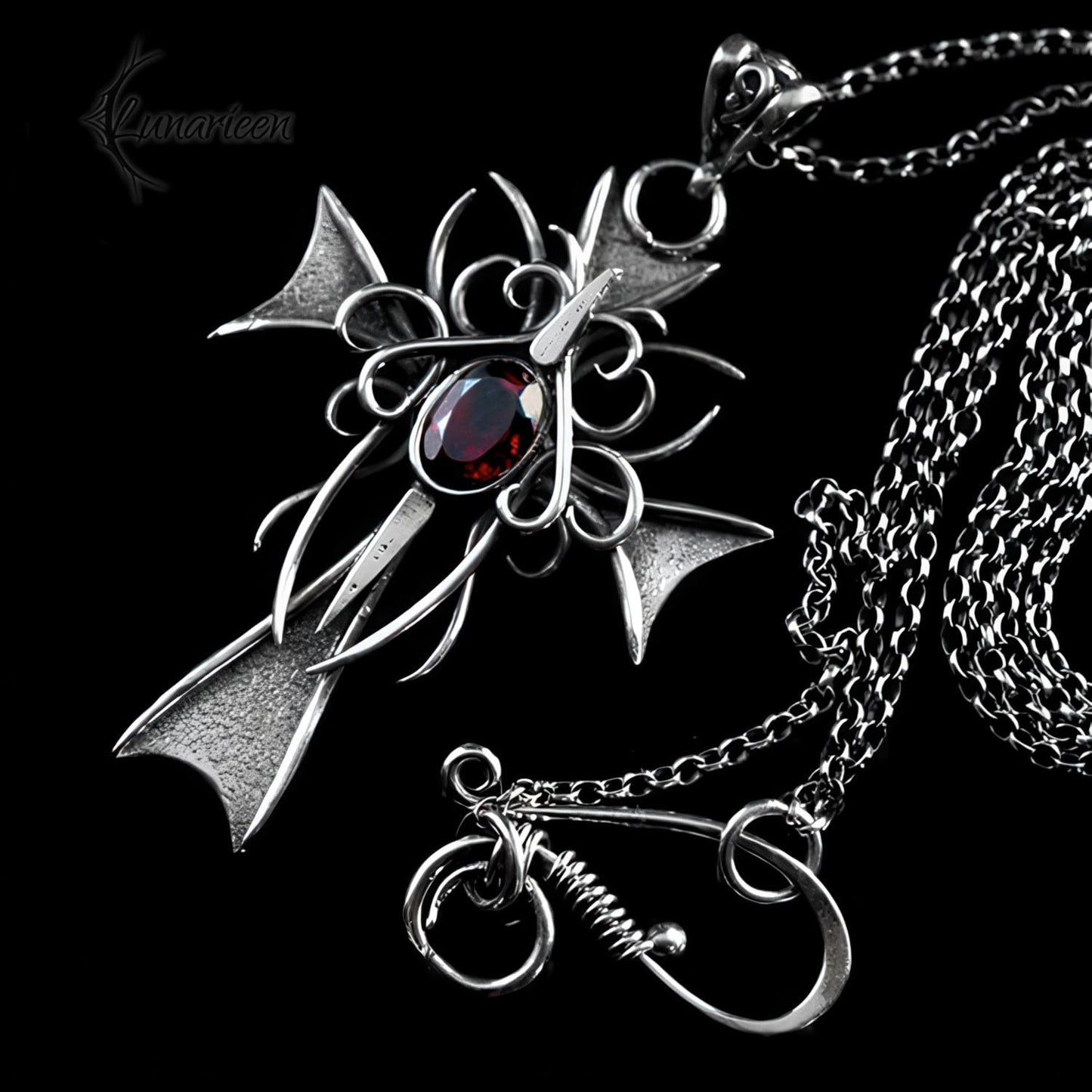 Handmade Sterling Silver Gothic Cross Necklace: Garnet Filigree Pendant