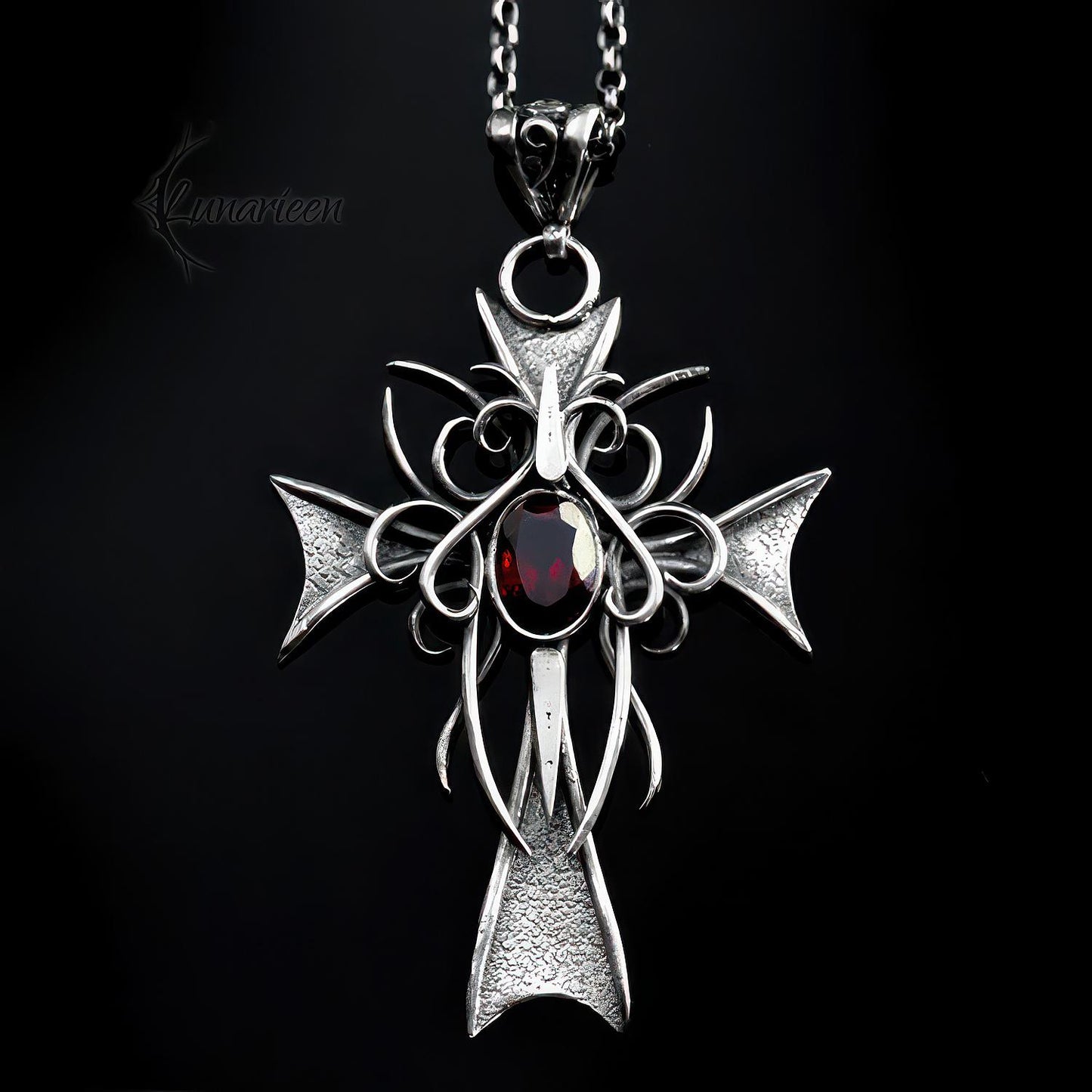 Handmade Sterling Silver Gothic Cross Necklace: Garnet Filigree Pendant