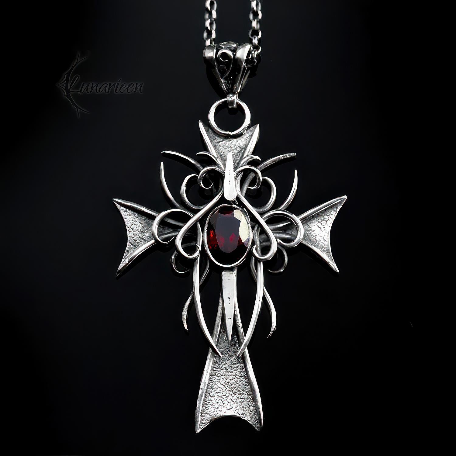 Handmade Sterling Silver Gothic Cross Necklace: Garnet Filigree Pendant