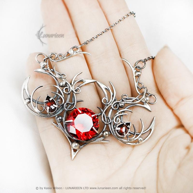 Sterling Silver Garnet Triple Moon Necklace: Gothic Pagan Witchy Pendant, Garnet Jewellery, Alternative Jewelry
