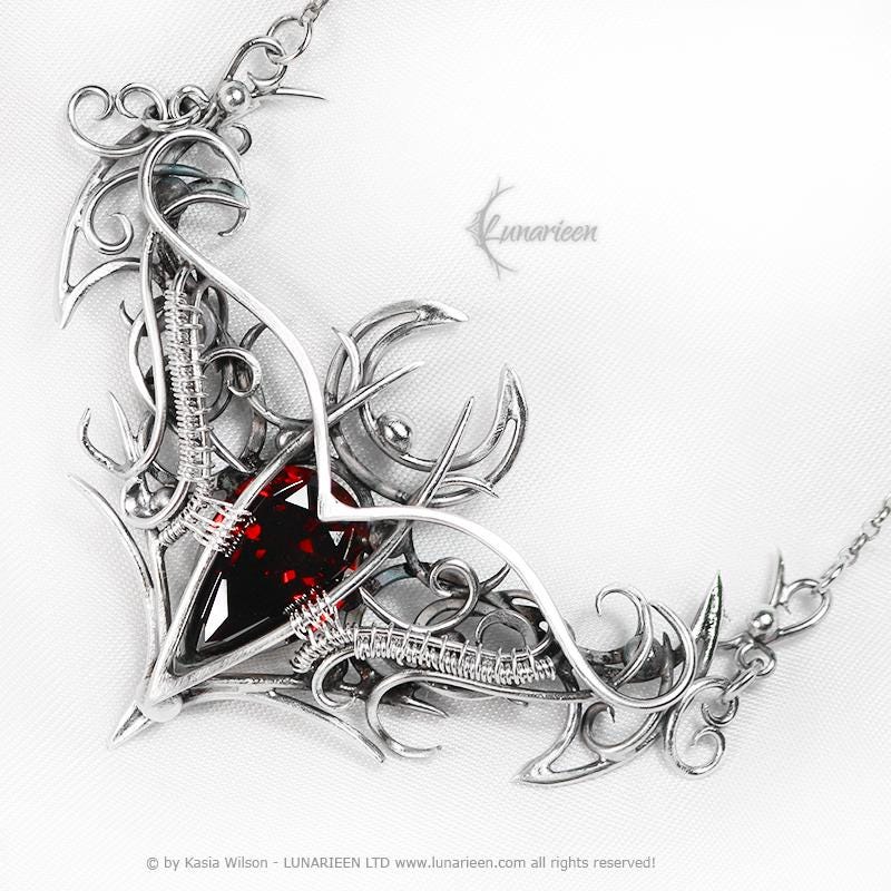 Sterling Silver Necklace, Elven Gothic Pendant, Garnet Jewellery, Alternative Jewelry, Witchy Vampire Silver Choker