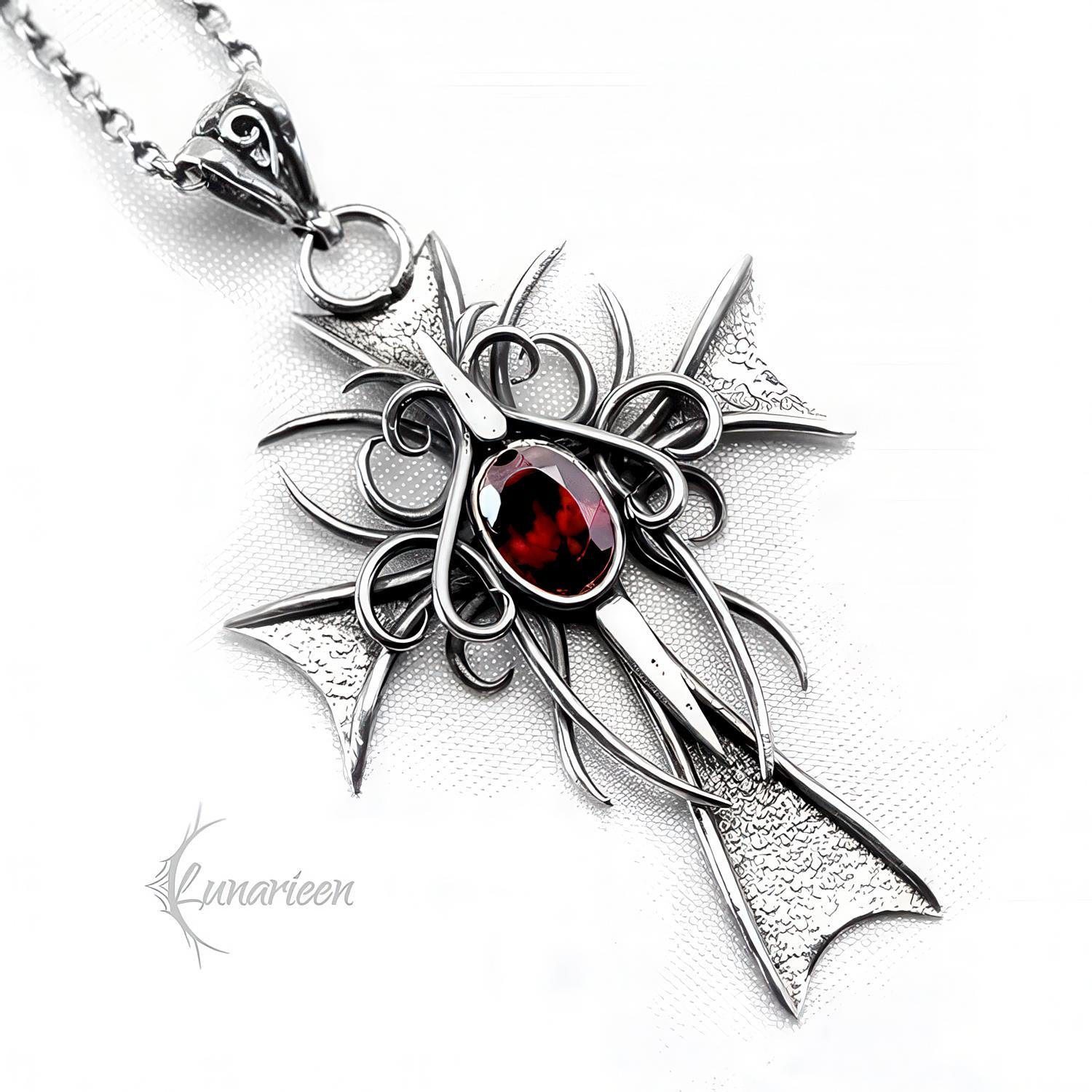 Handmade Sterling Silver Gothic Cross Necklace: Garnet Filigree Pendant