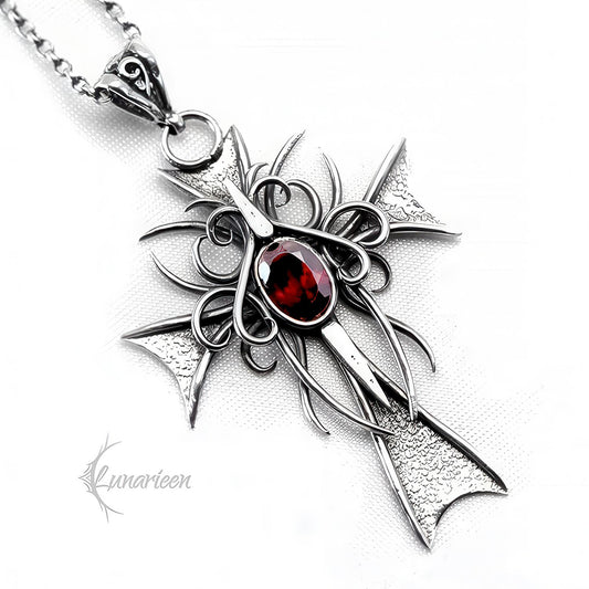 Handmade Sterling Silver Gothic Cross Necklace: Garnet Filigree Pendant