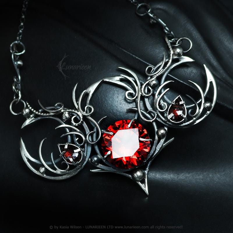 Sterling Silver Garnet Triple Moon Necklace: Gothic Pagan Witchy Pendant, Garnet Jewellery, Alternative Jewelry