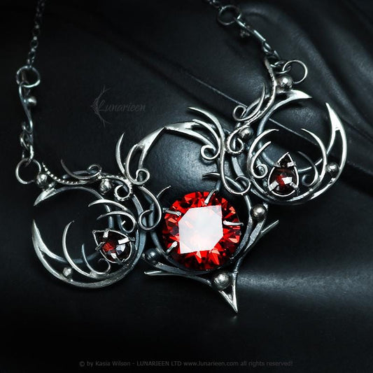 Sterling Silver Garnet Triple Moon Necklace: Gothic Pagan Witchy Pendant, Garnet Jewellery, Alternative Jewelry