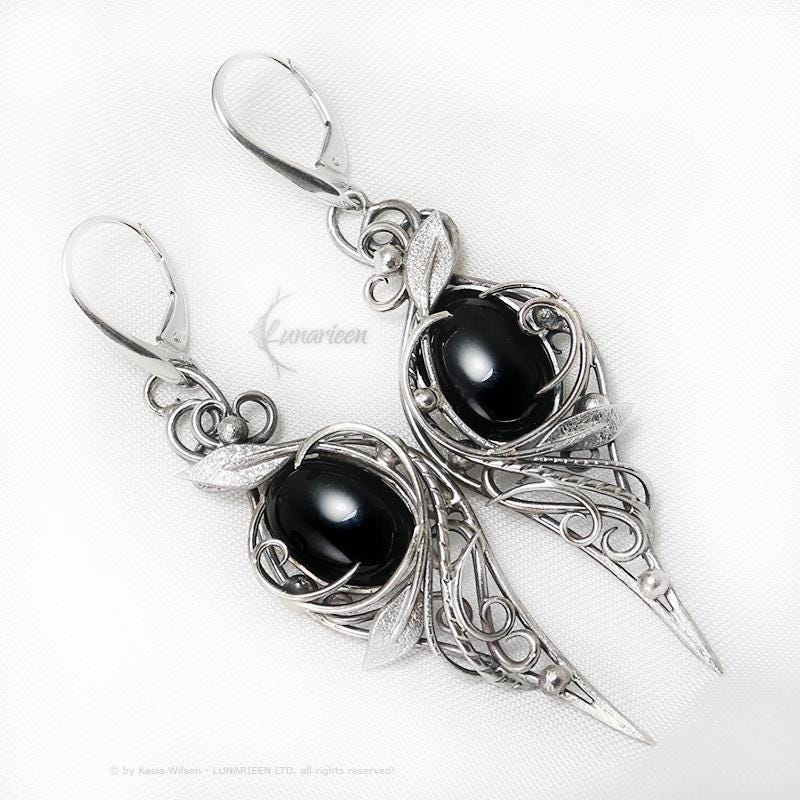 Sterling Silver Black Onyx Floral Earrings: Elven Gothic Jewelry