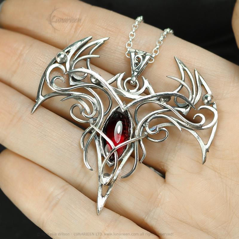Sterling Silver Vampire Bat Necklace: Gothic Red Garnet Pendant