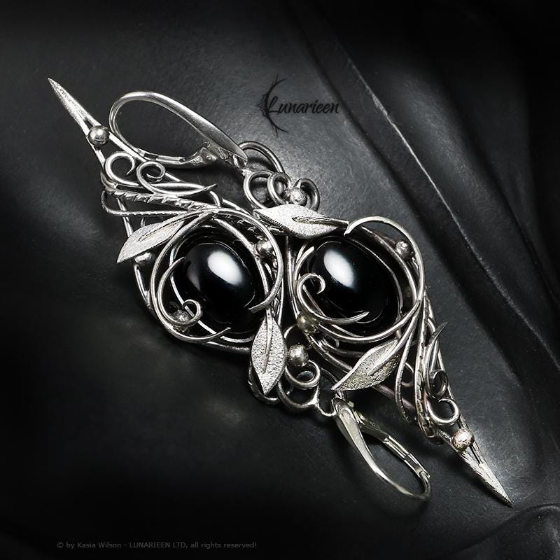 Sterling Silver Black Onyx Floral Earrings: Elven Gothic Jewelry