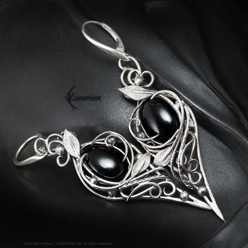 Sterling Silver Black Onyx Floral Earrings: Elven Gothic Jewelry
