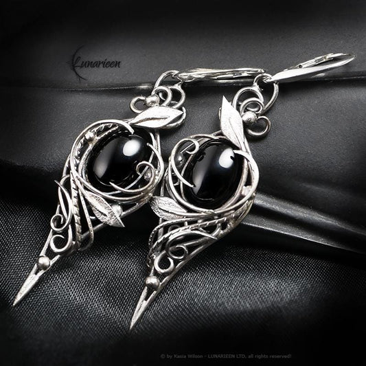 Sterling Silver Black Onyx Floral Earrings: Elven Gothic Jewelry