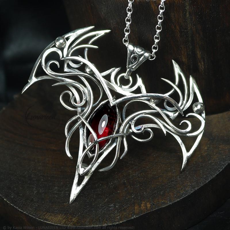Sterling Silver Vampire Bat Necklace: Gothic Red Garnet Pendant