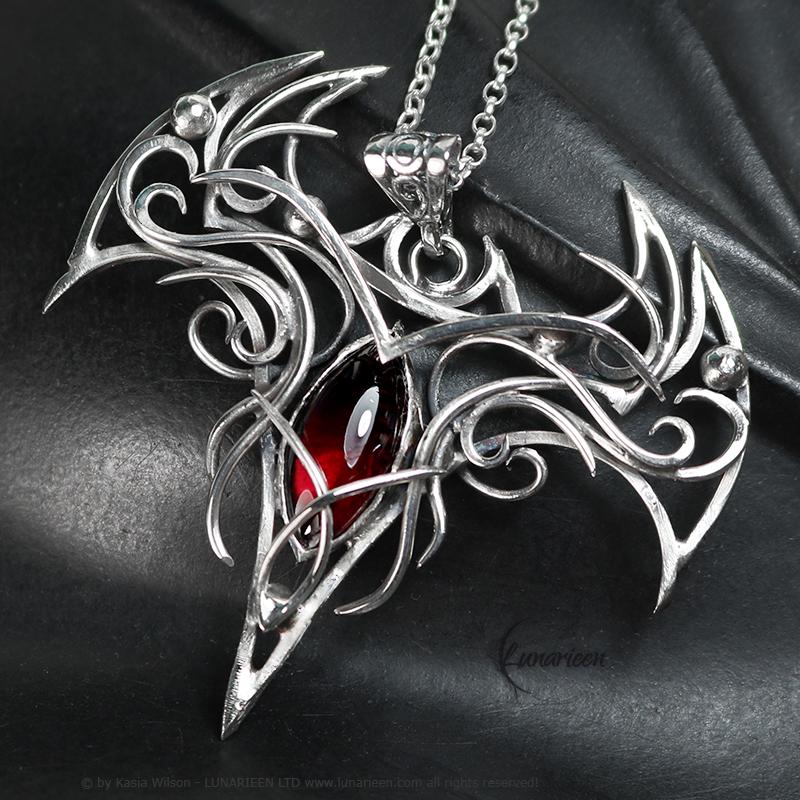 Sterling Silver Vampire Bat Necklace: Gothic Red Garnet Pendant