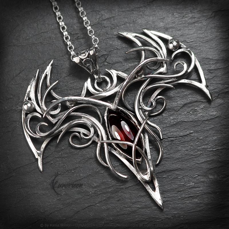 Sterling Silver Vampire Bat Necklace: Gothic Red Garnet Pendant