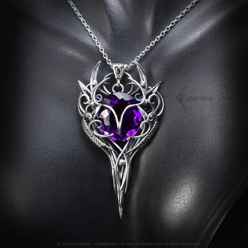 Sterling Silver Purple Amethyst Pendant Necklace: Gothic Elven Jewelry, Witchy Talisman