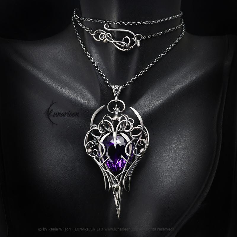 Sterling Silver Purple Amethyst Pendant Necklace: Gothic Elven Jewelry, Witchy Talisman