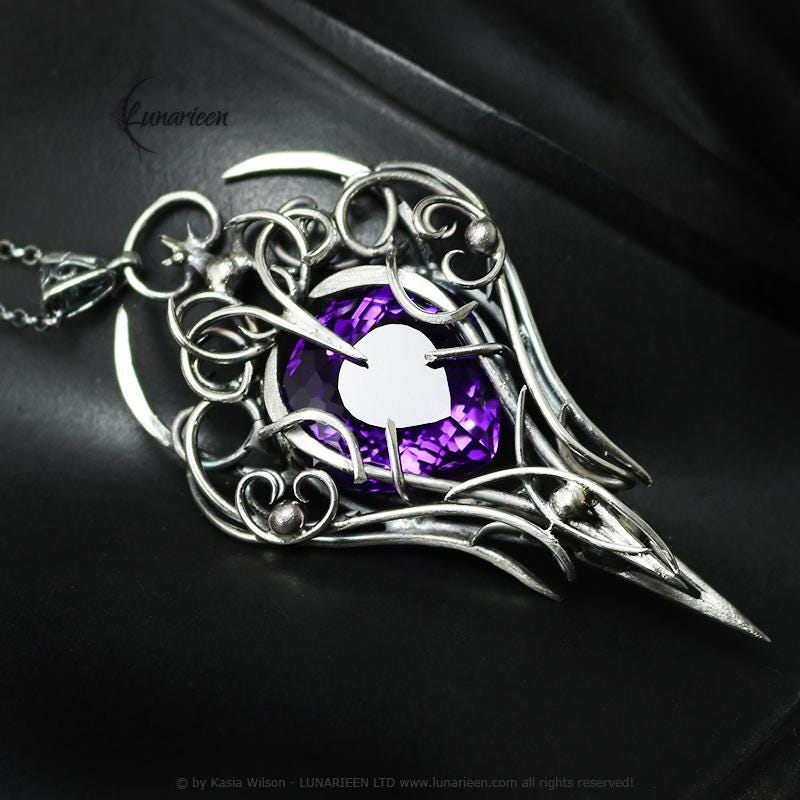 Sterling Silver Purple Amethyst Pendant Necklace: Gothic Elven Jewelry, Witchy Talisman