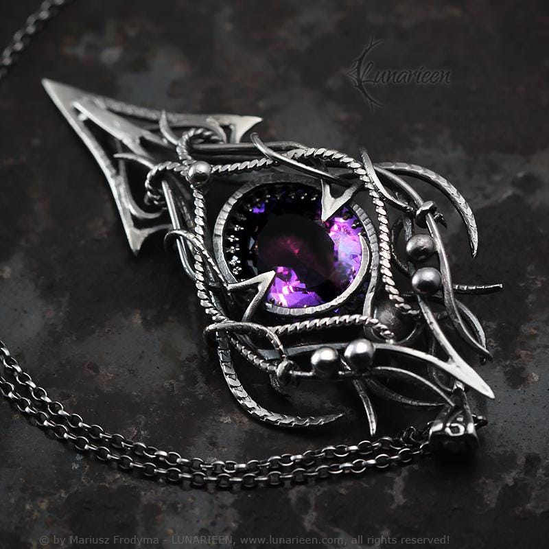 Sterling Silver, Fantasy Gothic style Necklace Pendant, Purple Amethyst, Jewellery Jewelry, Vampire Elven Witchy